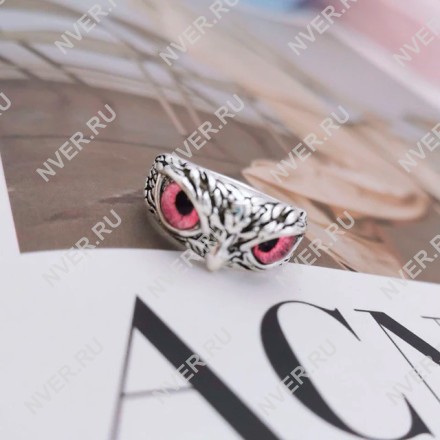 Обручальное кольцо в виде совы розовые глаза с изм. размером