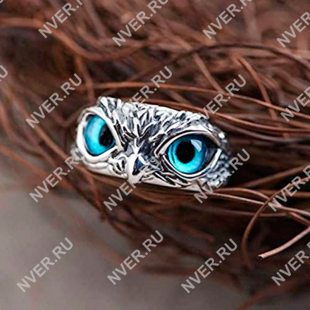 Обручальное кольцо в виде совы голубые глаза с изм. размером